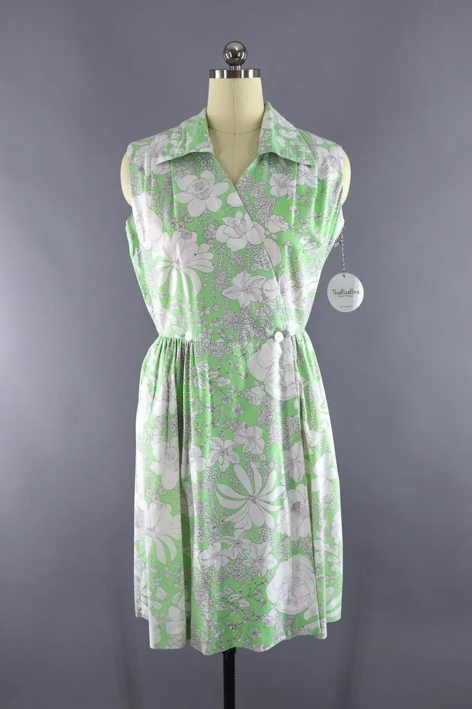 Vintage Green Floral Print Wrap Dress