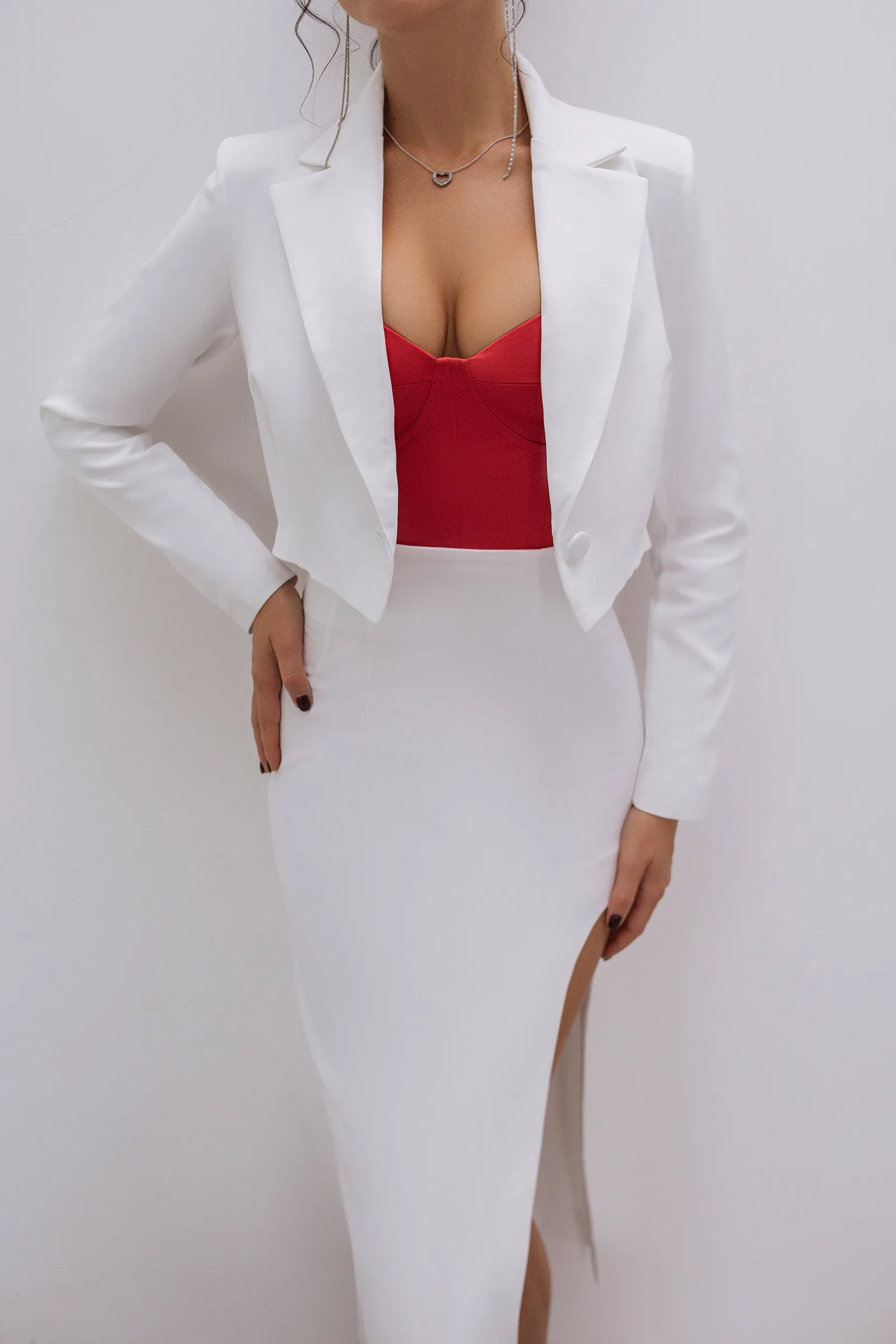 White Crop Jacket Skirt Suit 2-Piece Suit