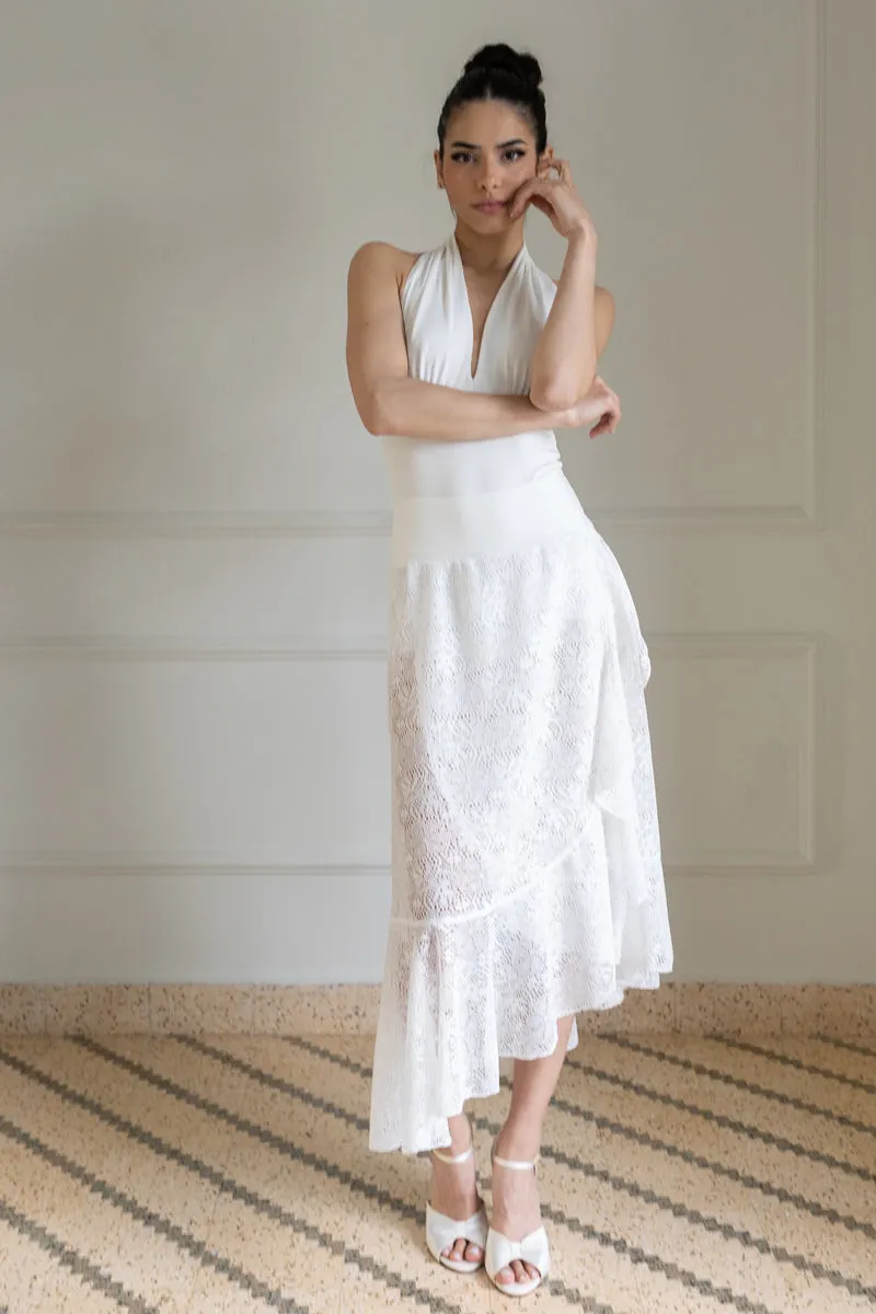 White Lace Asymmetric Wrap Skirt With Ruffles