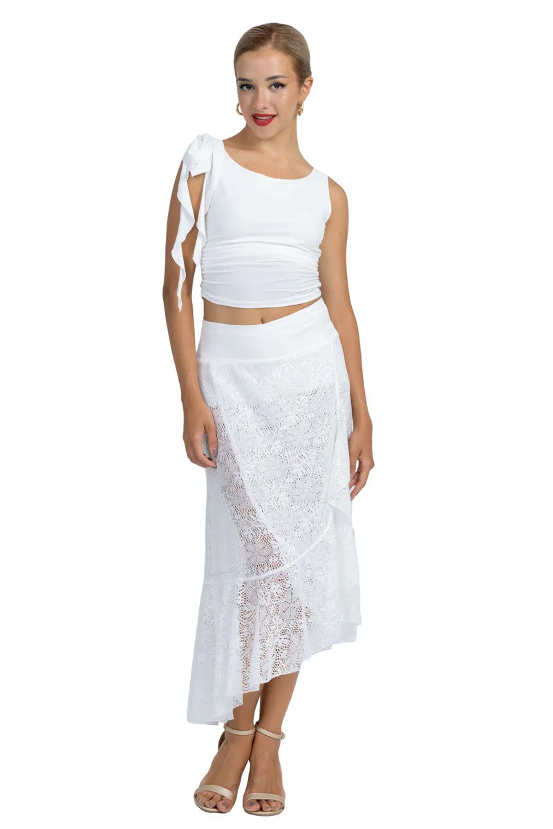 White Lace Asymmetric Wrap Skirt With Ruffles