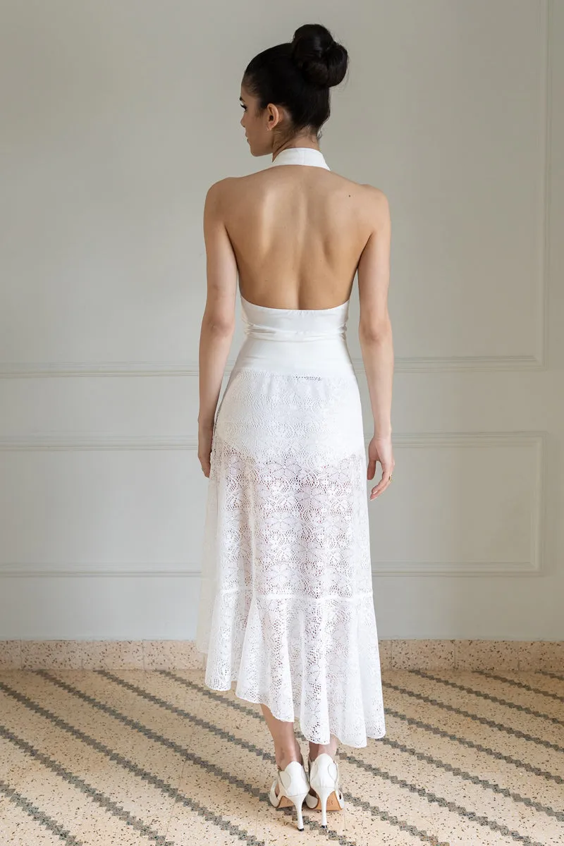 White Lace Asymmetric Wrap Skirt With Ruffles