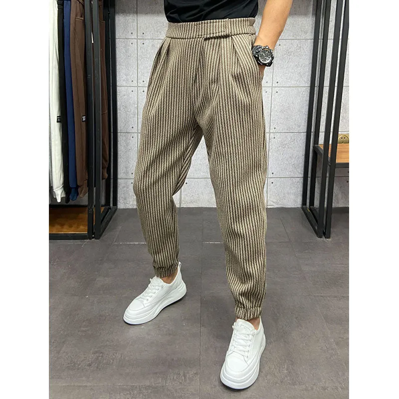 Winter Thick Striped Pleated Cropped Trousers