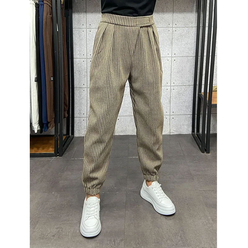 Winter Thick Striped Pleated Cropped Trousers