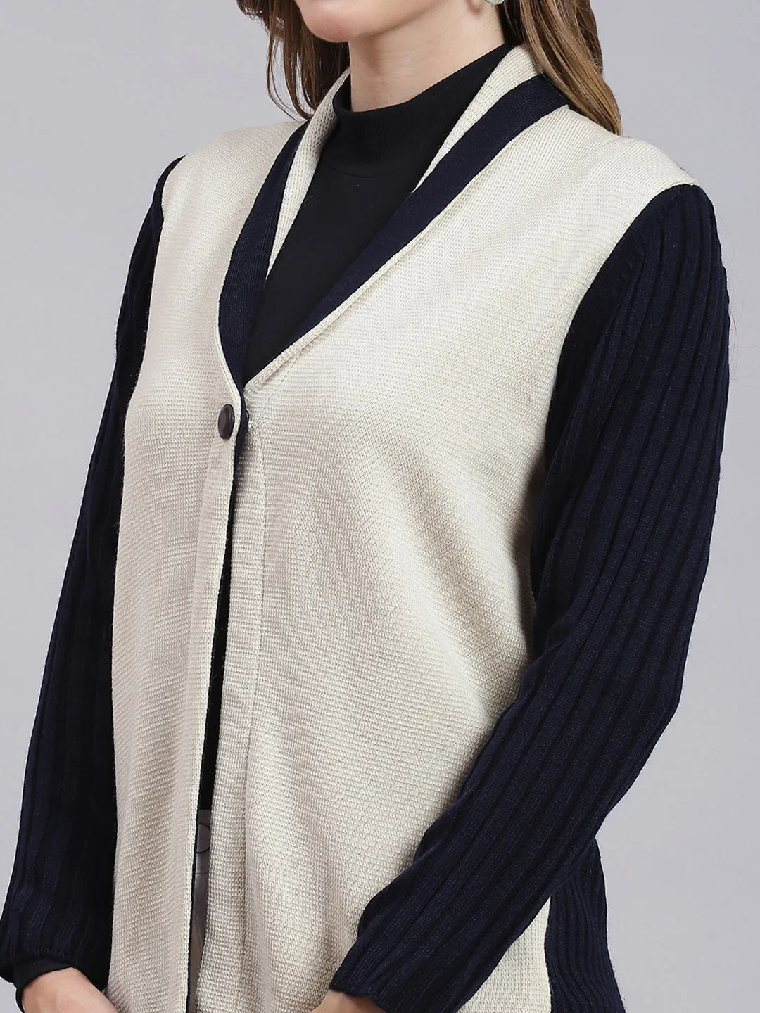 Women Navy Blue & Cream Solid Wool blend Cardigan