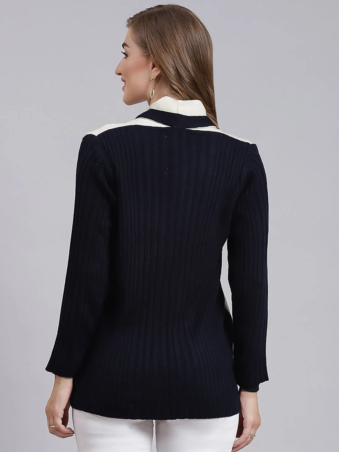 Women Navy Blue & Cream Solid Wool blend Cardigan