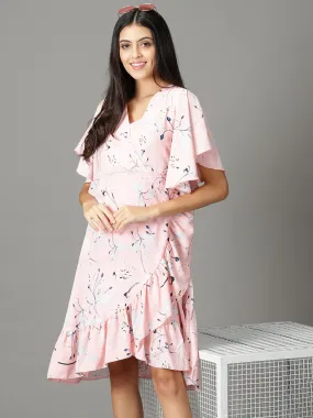 Women's Peach Printed Wrap Dress