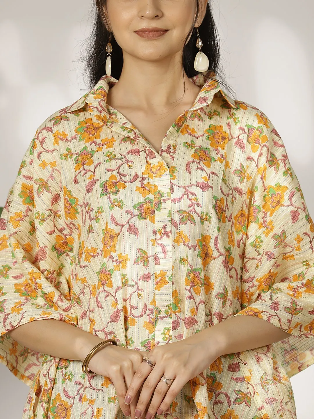 YellowFloral Cotton Kaftan Top