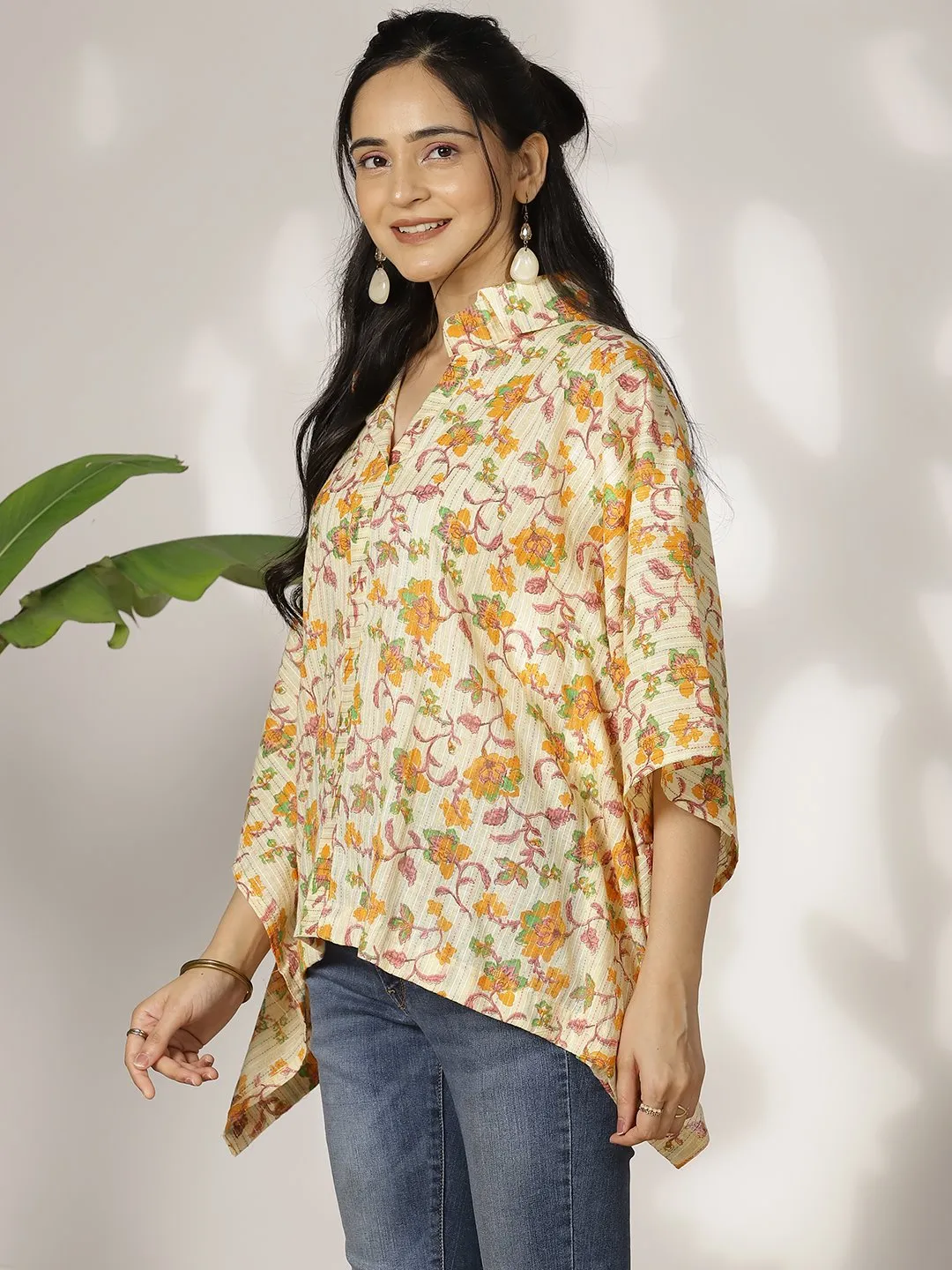 YellowFloral Cotton Kaftan Top